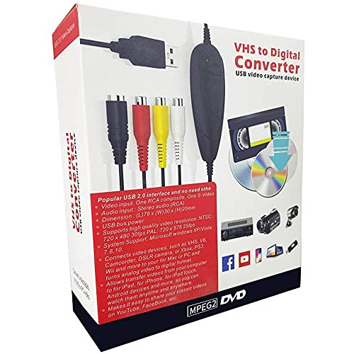 VHS To Digital DVD Converter, USB2.0 Audio/video Capture Grabber Adapter Device,Transfer VCR TV Hi8 Game S video to DVD,Support Windows 10/8.1/8/7/Vista/XP