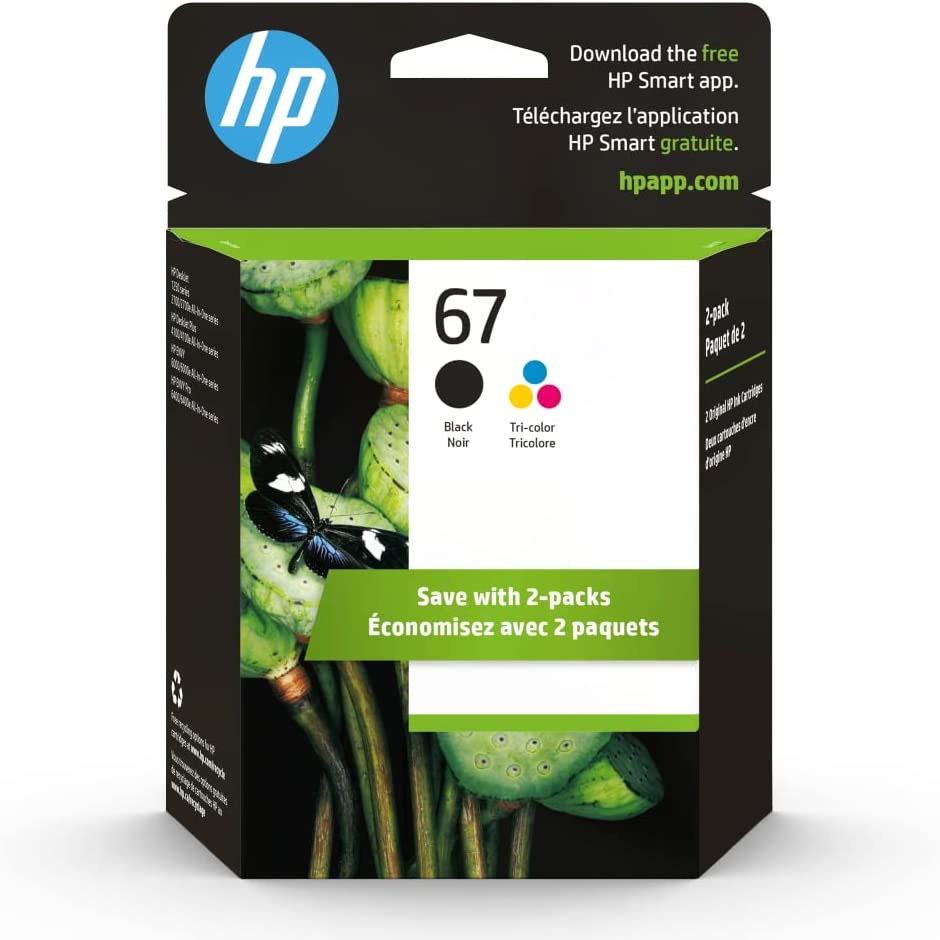 HP 67 블랙/트리컬러 잉크 카트리지 (2개 카운트 - 1팩) | HP DeskJet 1255, 2700, 4100 시리즈, HP ENVY 6000, 6400 시리즈 | 인스턴트 잉크 적격 | 3YP29AN