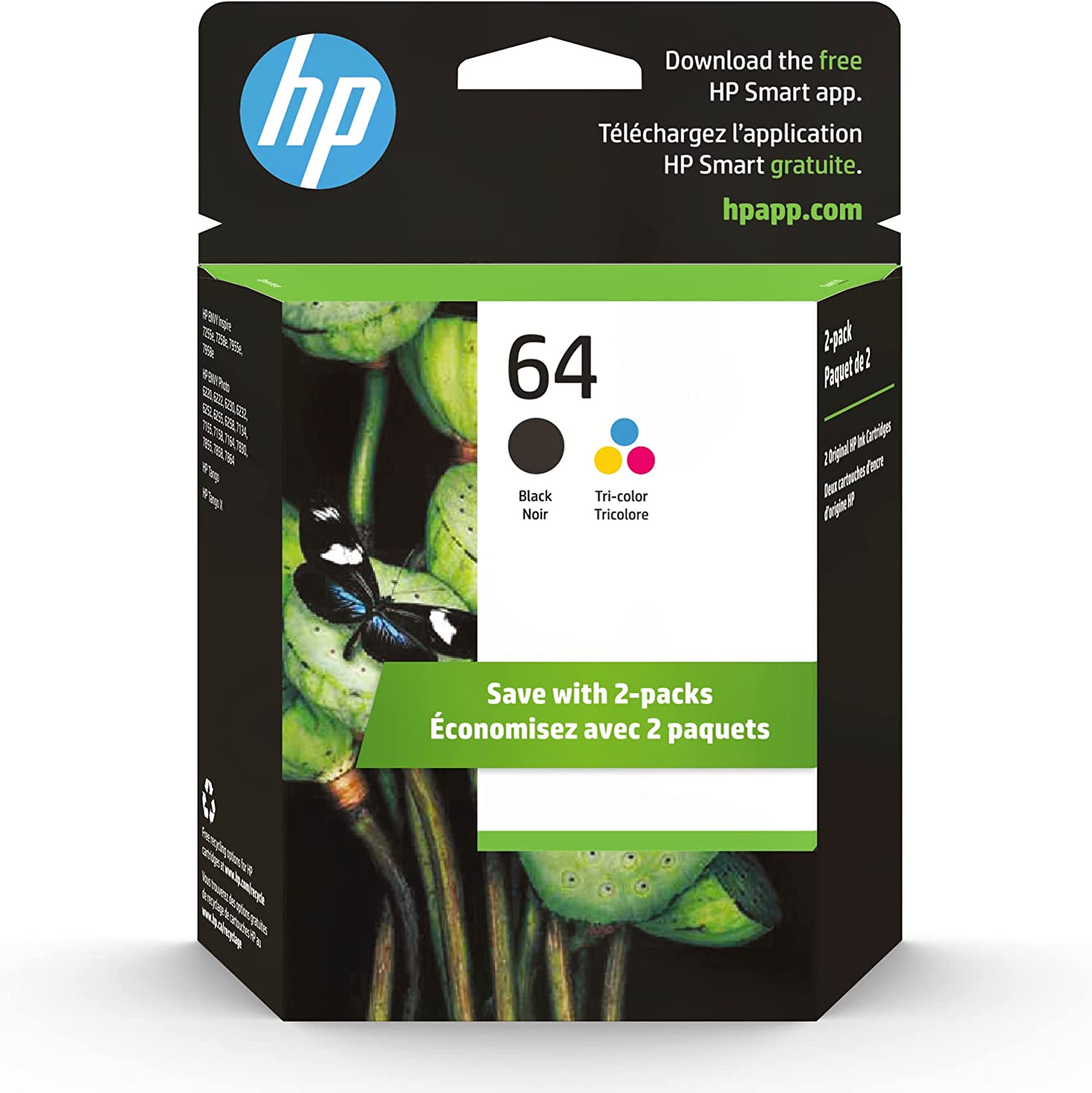 HP 64 블랙/트리컬러 잉크 카트리지 (2팩) | HP ENVY Enspire 7950e와 함께 작동; ENVY 포토 6200, 7100, 7800; 탱고 시리즈 | 인스턴트 잉크 적격 | X4D92AN