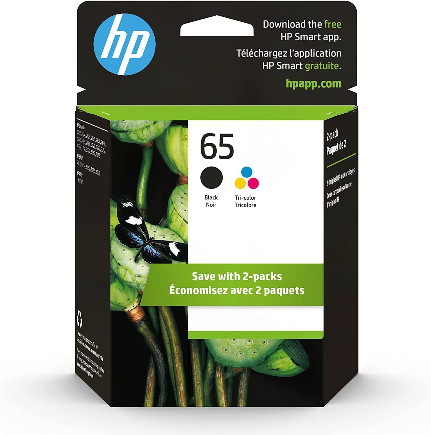 HP 65 블랙/트리컬러 잉크 카트리지 (2팩) | HP AMP 100 시리즈, HP DeskJet 2600, 3700 시리즈, HP ENVY 5000 시리즈와 작동 | 인스턴트 잉크 적격 | T0A36AN