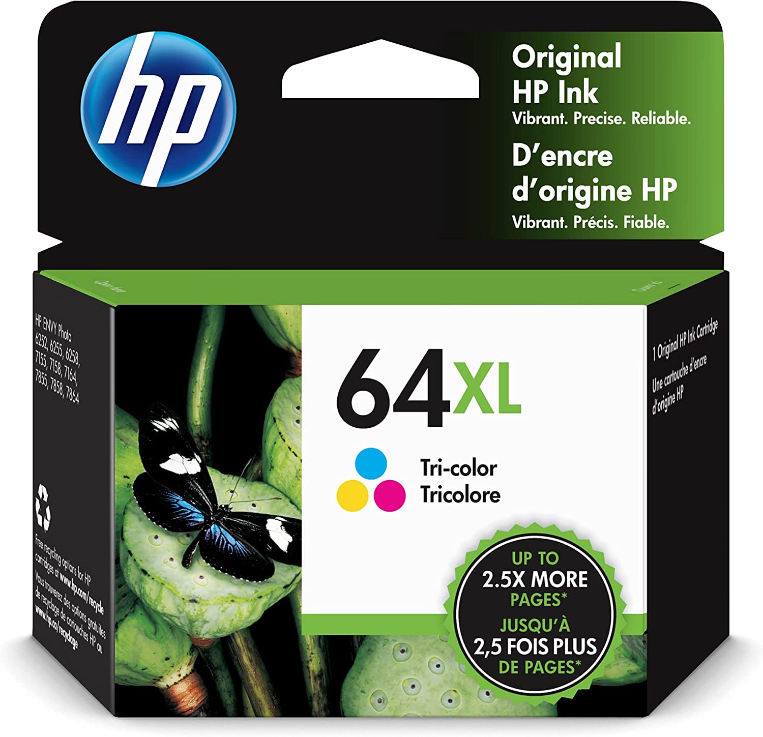 HP 64XL 3색 고수익 잉크 카트리지 ENVY Enspire 7950e와 함께 작동 사진 6200 7100 7800 탱고 시리즈 인스턴트 적격 N9J91AN