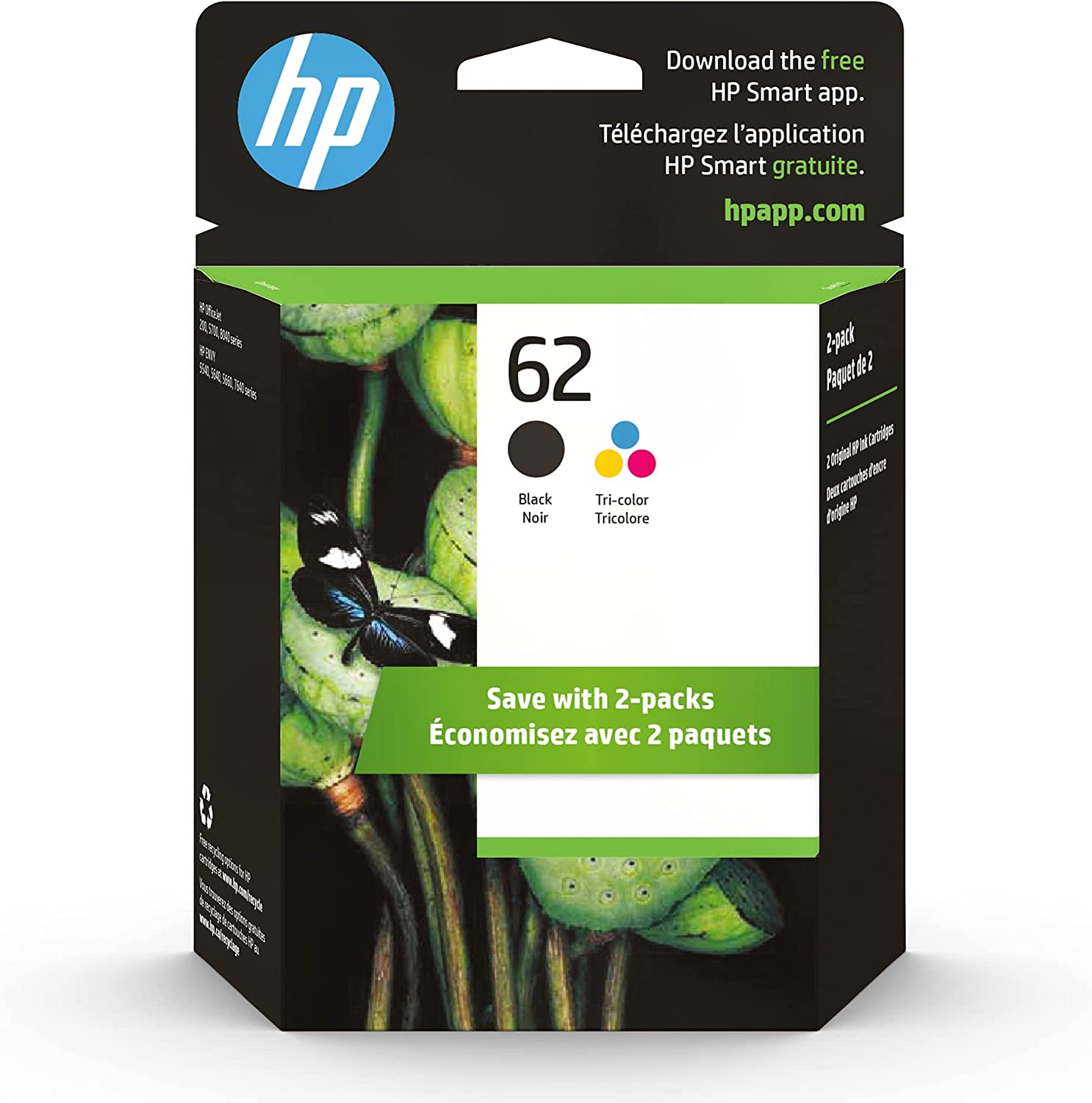 HP 62 블랙/트리컬러 잉크 (2팩) | HP ENVY 5540, 5640, 5660, 7640 시리즈, HP OfficeJet 5740, 8040 시리즈, HP OfficeJet Mobile 200, 250 시리즈 | 인스턴트 잉크 대상 | N9H64FN