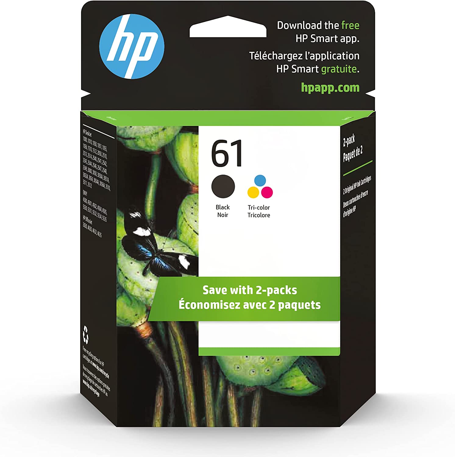 HP 61 Black/Tri-color Ink (2개 카운트 - 팩) | DeskJet 1000, 1010, 1050, 1510, 2050, 2510, 2540, 3000, 3050, 3510; ENVY 4500, 5530; OfficeJet 2620, 4630 | 인스턴트 잉크 대상 | CR259FN