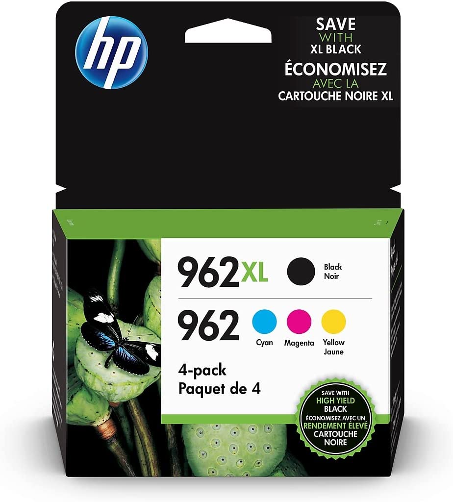 HP 962XL 하이 수율 블랙 및 HP 962 시안, 마젠타, 옐로우 오리지널 잉크 카트리지 4개 팩(3JB34)AN)