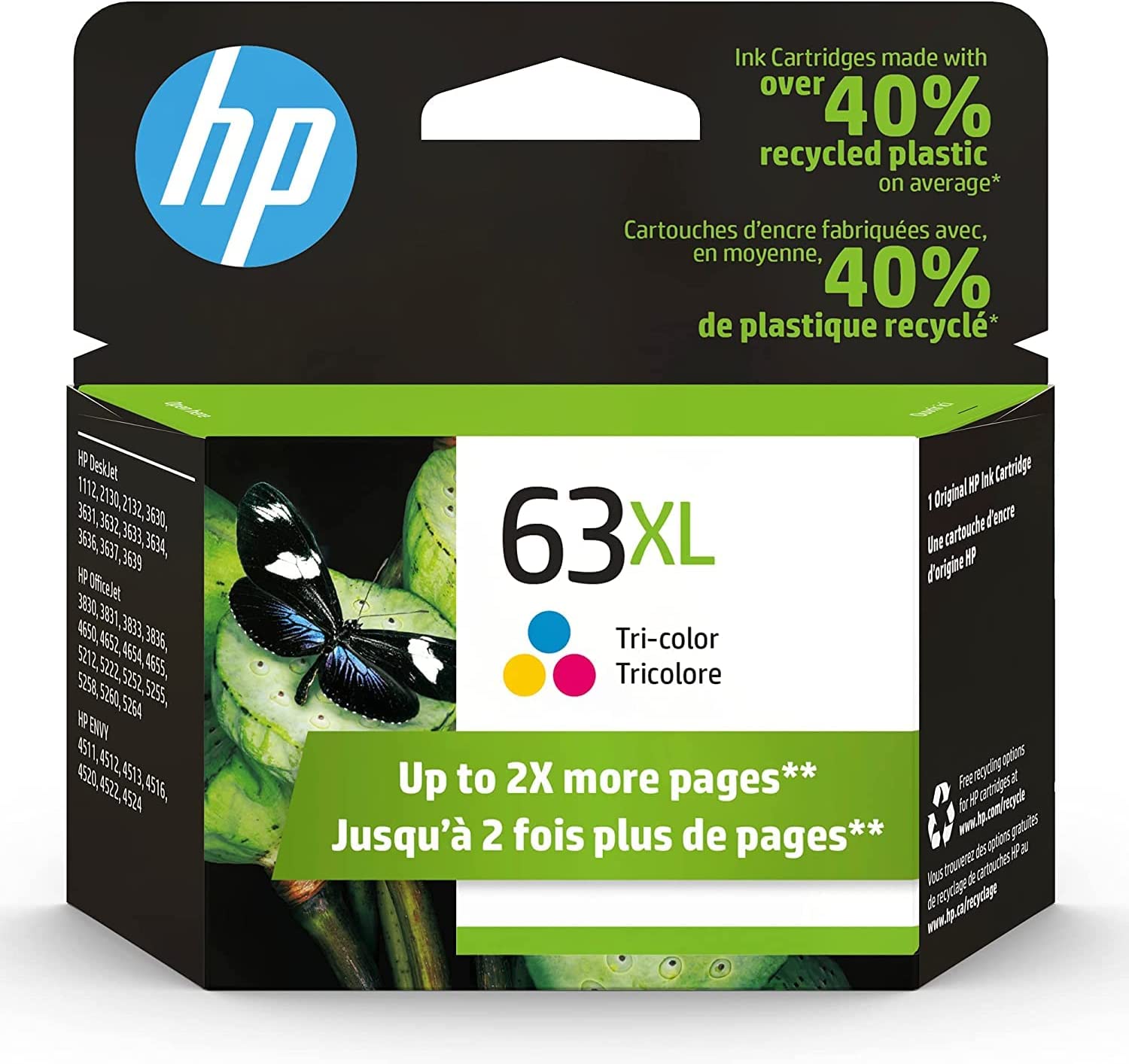 HP 63XL 3색 고수익 잉크 | HP DeskJet 1112, 2130, 3630 시리즈, HP ENVY 4510, 4520 시리즈, HP OfficeJet 3830, 4650, 5200 시리즈 | 인스턴트 잉크 대상 | F6U63AN