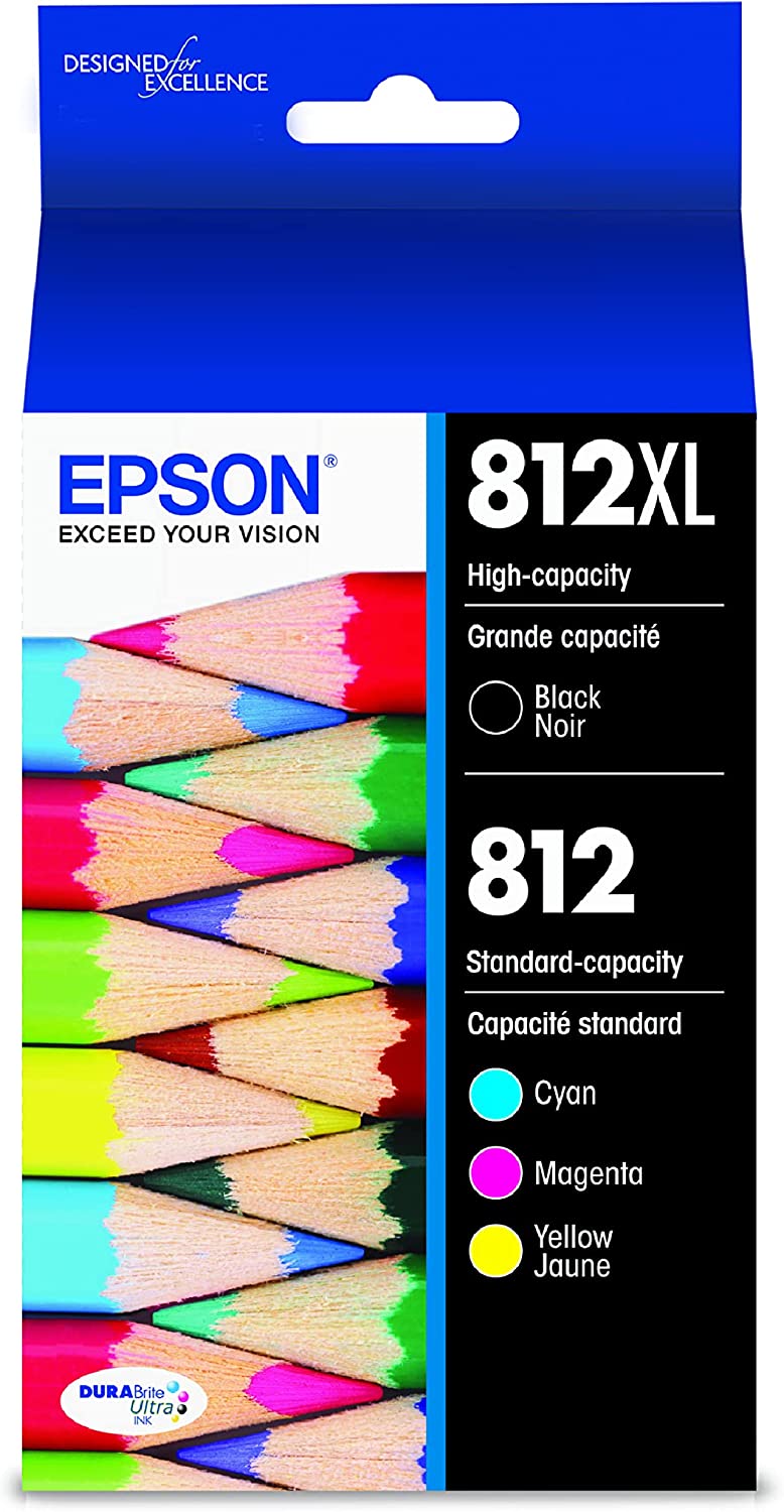 일부 Epson WorkForce Pro 프린터용 Epson T812 DURABrite 울트라 잉크 대용량 블랙 & 스탠다드 컬러 카트리지 콤보 팩(T812XL-BCS)