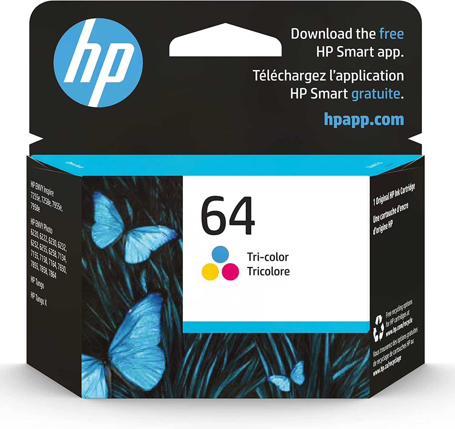 HP 64 삼색 잉크 카트리지 | HP ENVY Enspire 7950e와 함께 작동; ENVY 사진 6200, 7100, 7800; 탱고 시리즈 | 인스턴트 잉크 자격 | N9J89AN