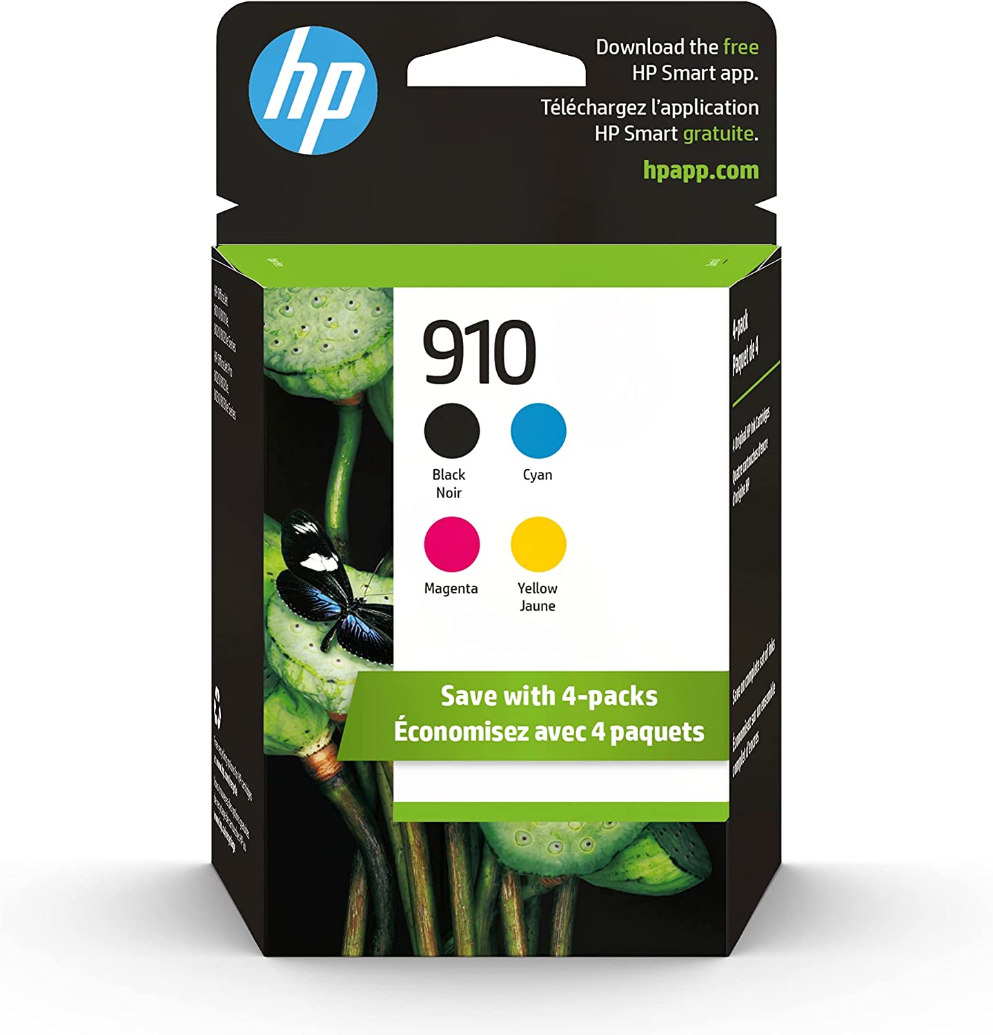 오리지널 HP 910 블랙, 시안, 마젠타, 옐로우 잉크 카트리지 (4개의 카운트 팩 1개) | HP OfficeJet 8010, 8020 시리즈, HP OfficeJet Pro 8020, 8030 시리즈와 함께 작동 | 인스턴트 잉크 자격 | 3YQ26AN