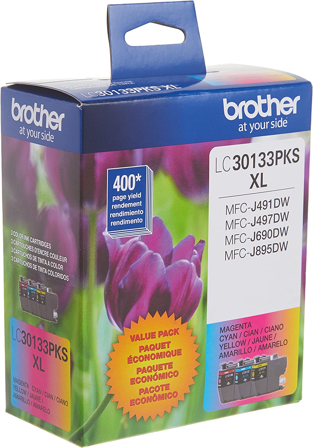 브라더 프린터 정품 LC30133PKS 3팩 대용량 컬러 잉크 카트리지 최대 400페이지/카트리지 시안 마젠타 및 옐로우 포함 LC3013