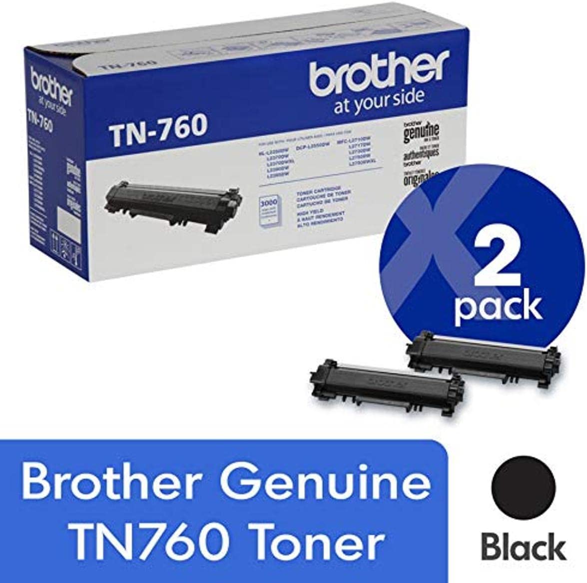 브라더 정품 TN760 2팩 대용량 블랙 토너 카트리지 약 3 000매/카트리지