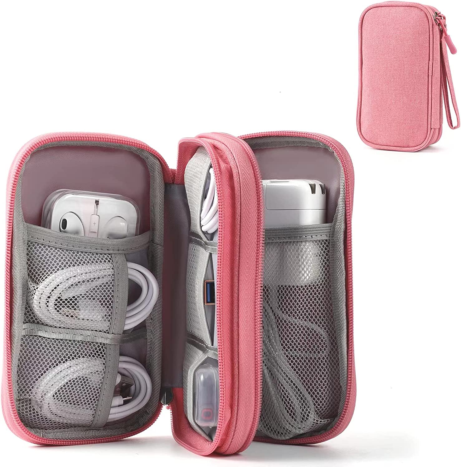 전자수첩 파우치 가방 3칸 여행용 케이블 정리 휴대용 전자폰 악세사리 수납 코드 충전기 하드 드라이브 이어폰 핑크