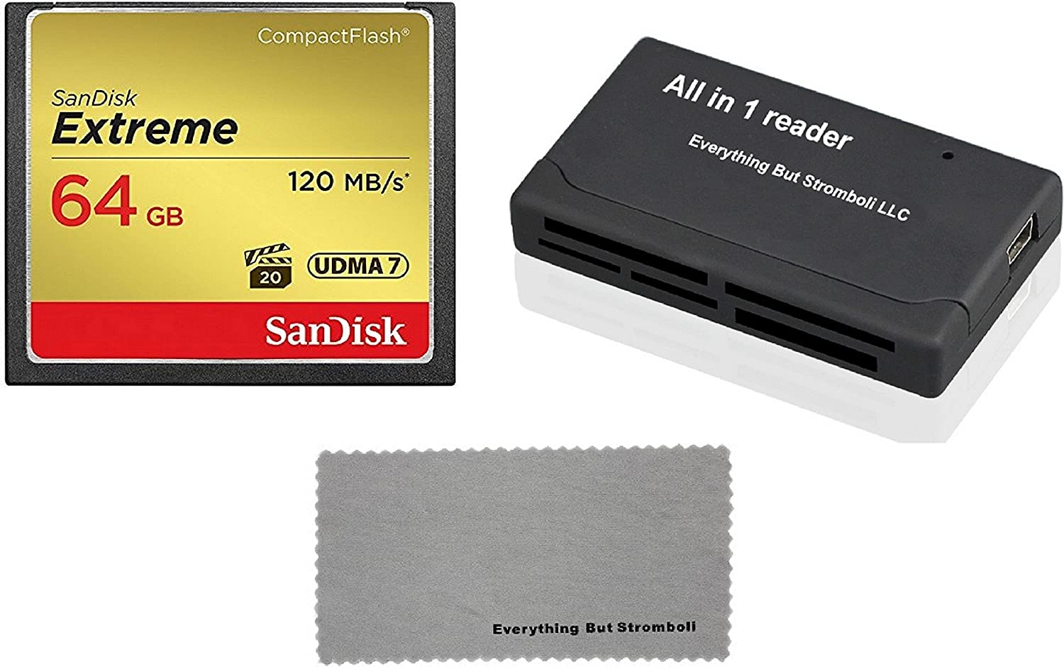 SanDisk Extreme 64GB CompactFlash 메모리 카드는 Stromboli 극세사 천 및 콤보 리더를 제외한 모든 것과 함께 캐논 EOS 7D Mark II 디지털 DSLR 카메라 HD UDMA 7(SDCFXSB-064G-G46)과 작동합니다