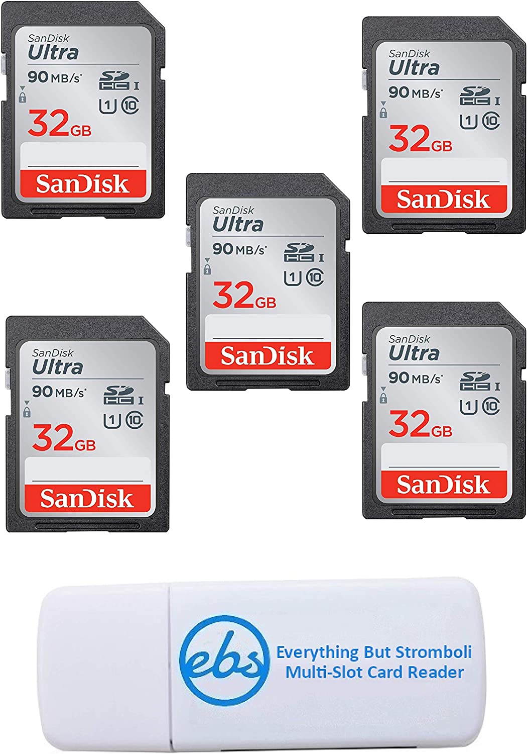샌디스크 울트라 - 5팩 번들 UHS-I 클래스 10 SD 플래시 메모리 카드 소매 (SDSDUNC-032G-GN6)IN) - 스트롬볼리(TM) 콤보 카드 리더를 제외한 모든 것 포함