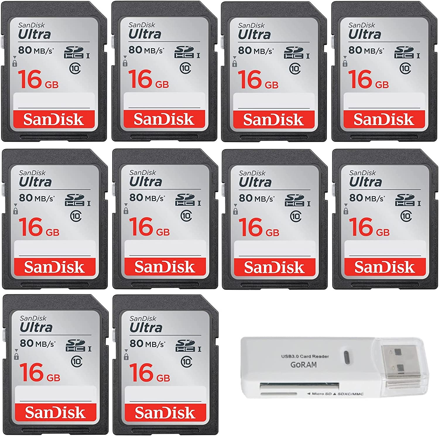 샌디스크 16GB (10팩) 울트라클래스 10 SDHC 80MB/s UHS-I 메모리 카메라 카드 SDSDUNC-016G-GN6(1) GoRAM USB 3.0 카드 리더와 번들로 제공