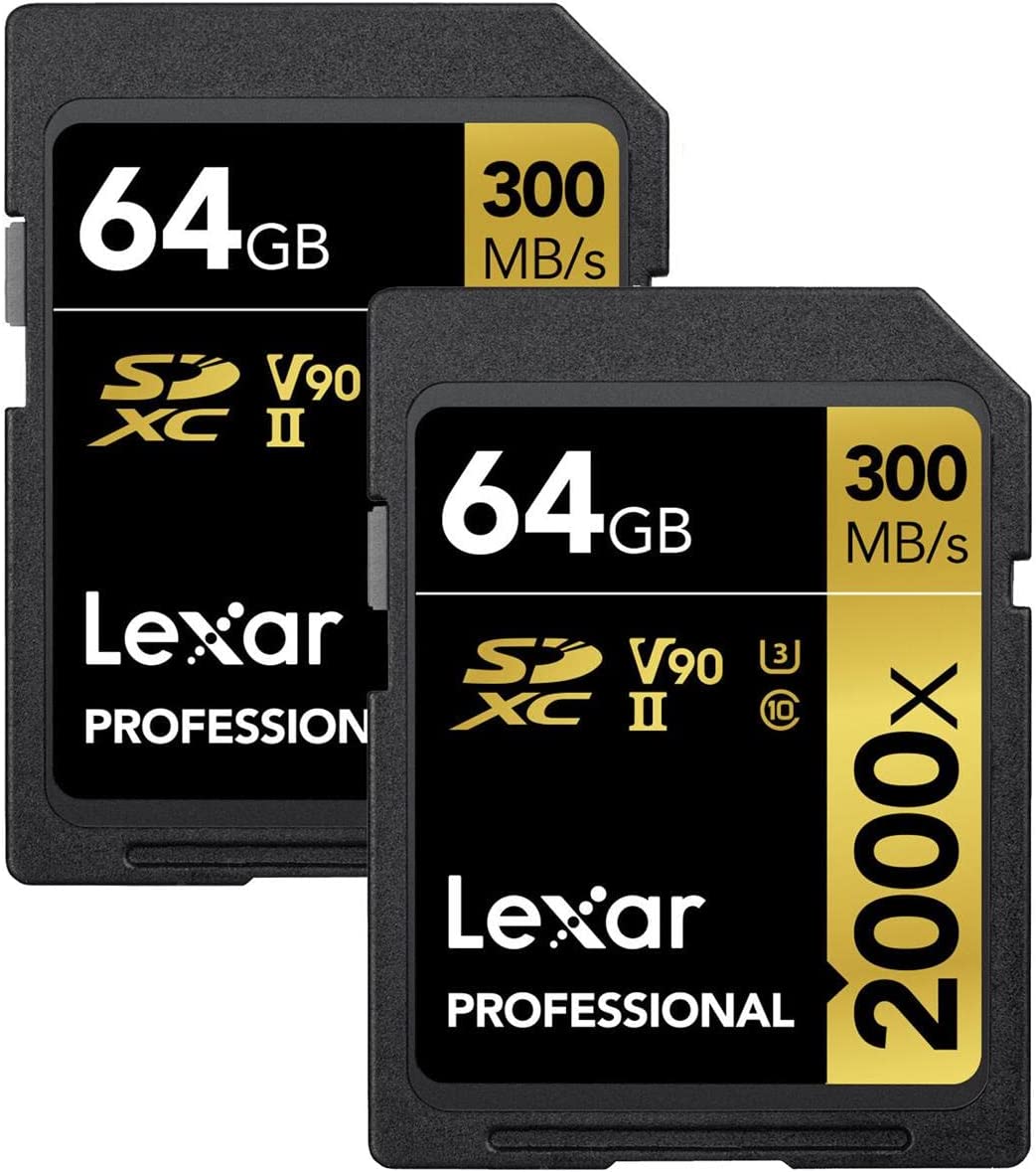 Lexar 프로페셔널 2000x64GB SDXC UHS-II 메모리 카드 300MB/s 읽기 260MB/s 쓰기 4K 비디오 내구성 2팩