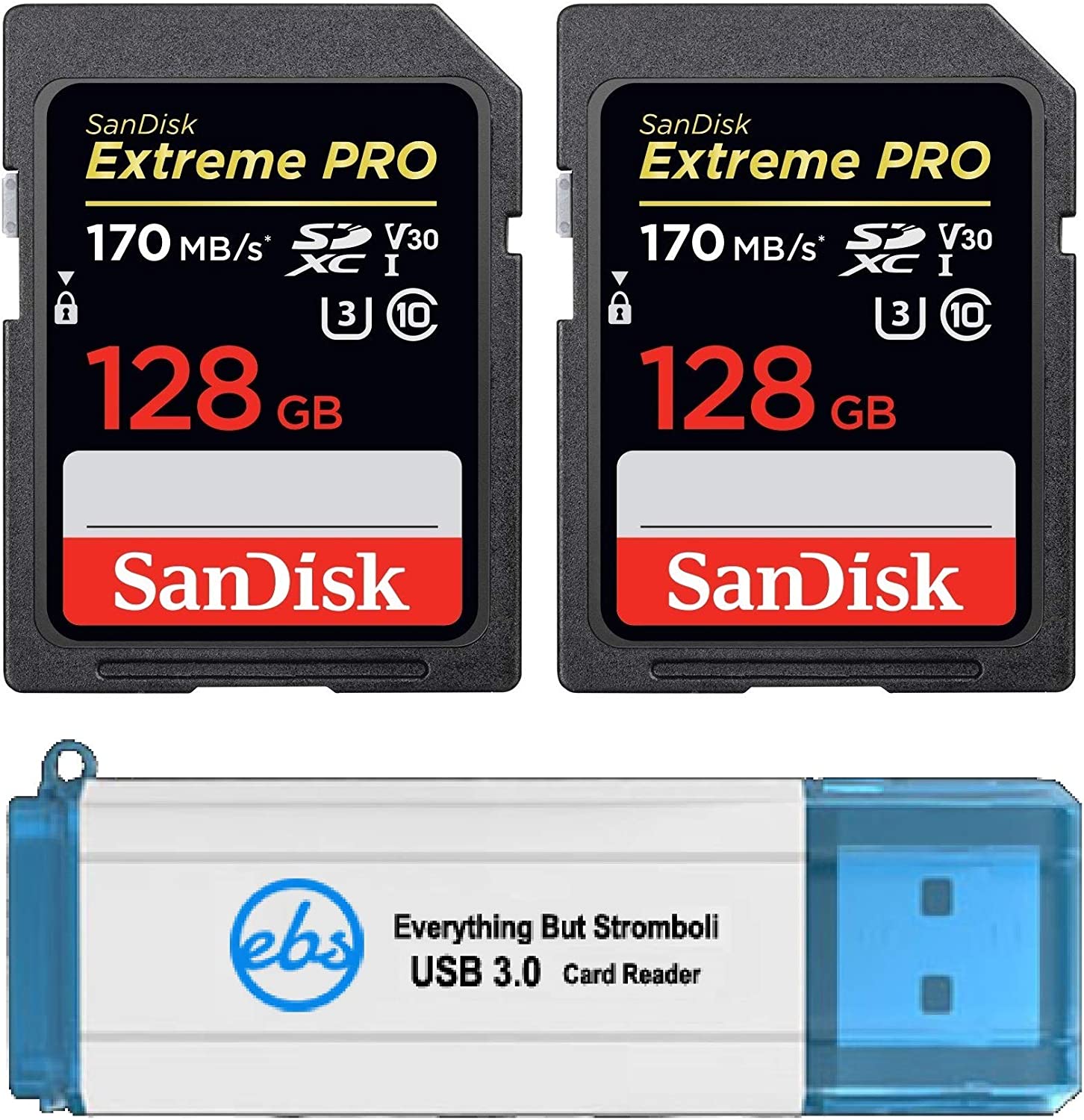 SanDisk 128GB SDXCS SD Extreme Pro 메모리 카드 투팩 번들은 니콘 D3500 D7500 D5600 디지털 DSLR 카메라 4K V30 U3 SDSDXY-128G-GN4 함께 작동합니다IN 플러스 1 스트롬볼리 TM 3.0 리더 제외한 모든 것