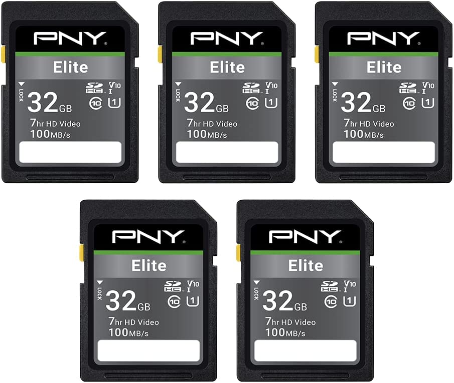 PNY 32GB Elite Class 10 U1 V10 SDHC 플래시 메모리 카드 5팩 - 100MB/s 읽기, 클래스 10, U1, V10, 풀 HD, UHS-I, 풀 사이즈 SD