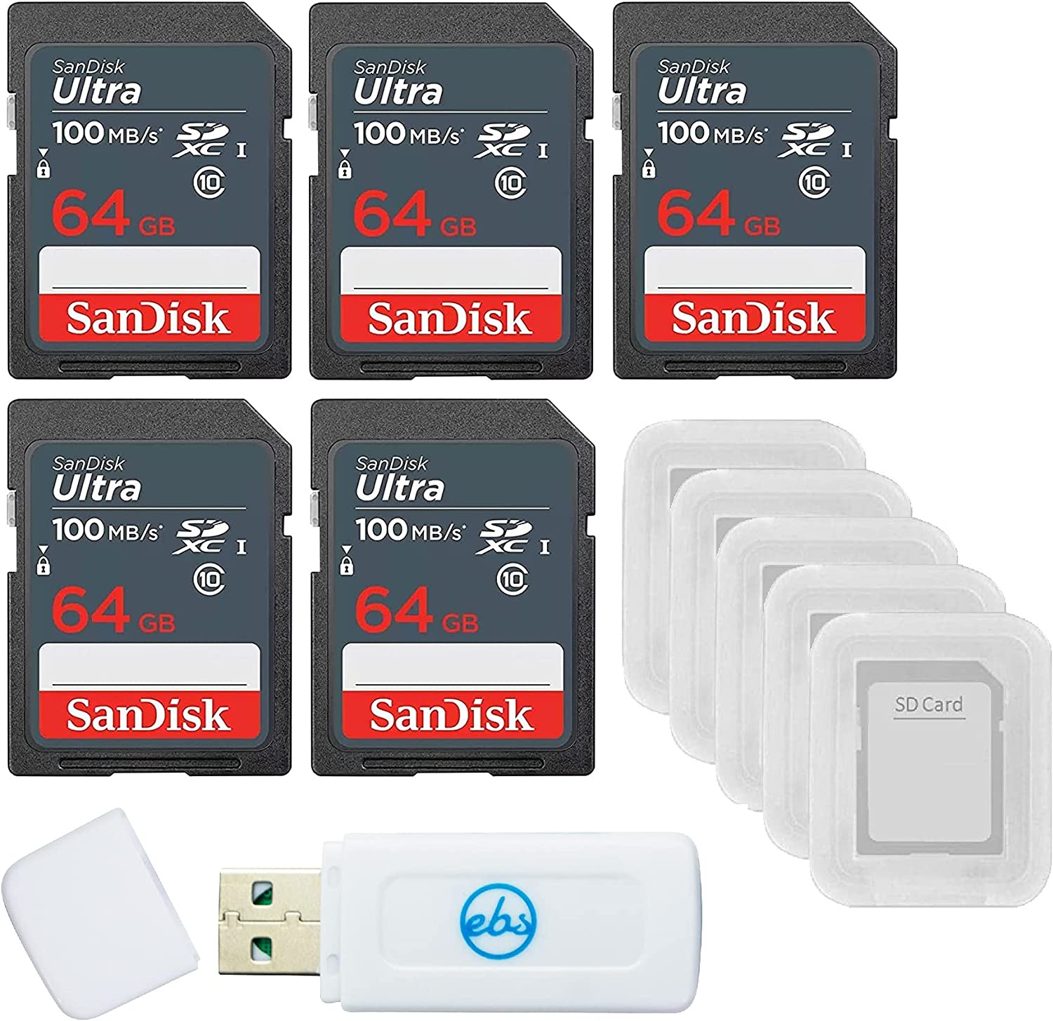 샌디스크 64GB 울트라 SD 메모리 카드 5팩 SDXC UHS-I Class 10 SDSDUNR-064G-GN3 5개의 케이스와 1개의 Stromboli 리더 제외한 모든 것이 포함된 번들