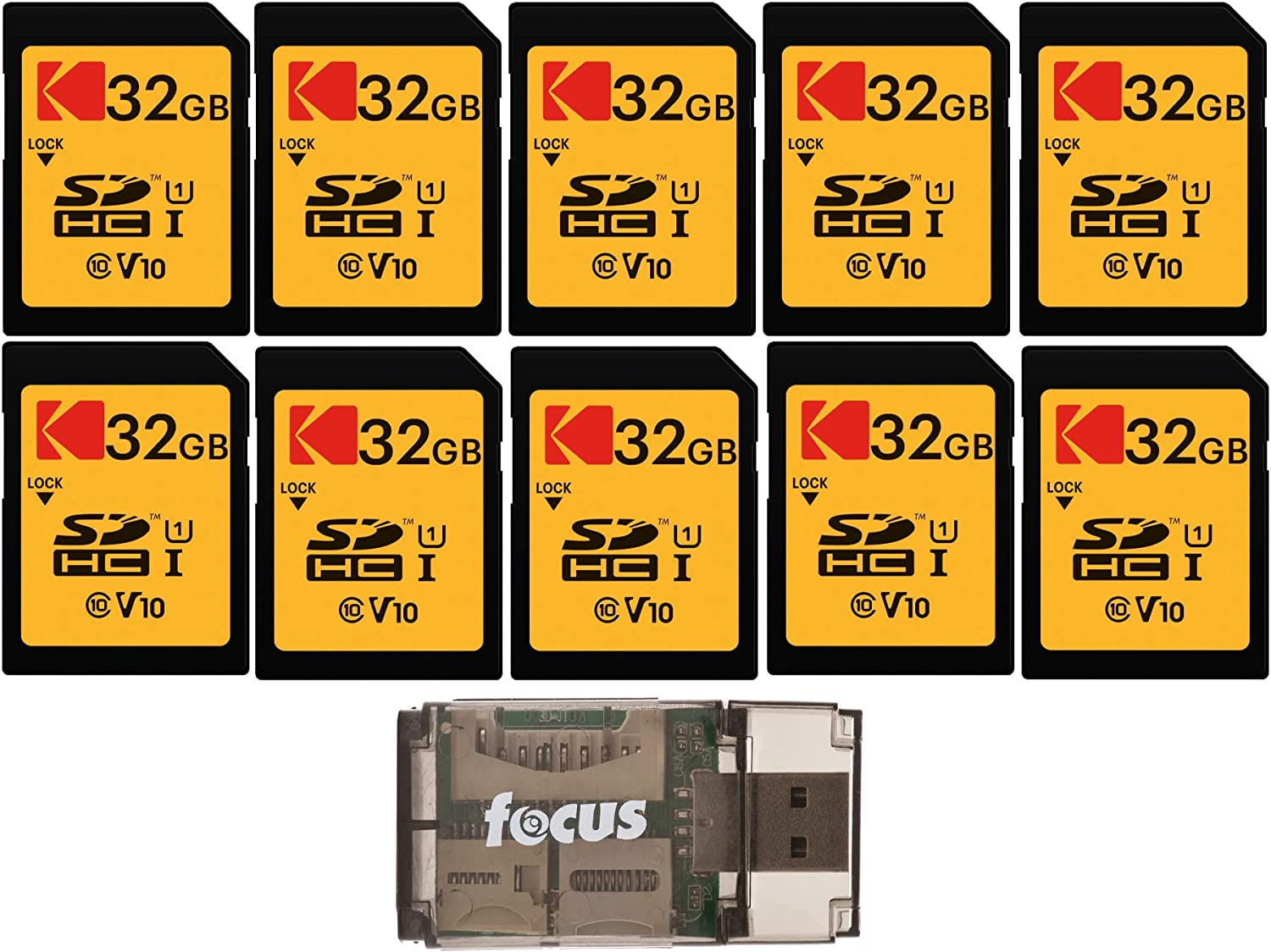Kodak 32GB Class 10 UHS-IU1 SDHC 메모리 카드 10팩 포커스 올인원 고속 USB 2.0 리더 번들 11개 품목
