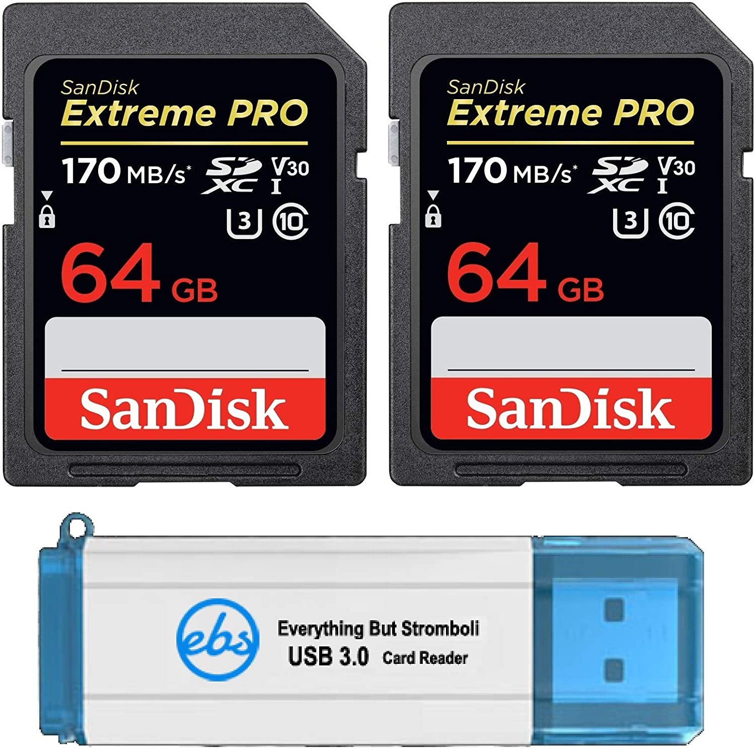 SanDisk 64GB SDXCS SD Extreme Pro 메모리 카드 투팩 번들은 Nikon D3500 D7500 D5600 디지털 DSLR 카메라 4K V30 U3 SDSDXY-064G-GN4 함께 작동합니다IN Plus 1 Stromboli TM 3.0 Reader 제외한 모든 것