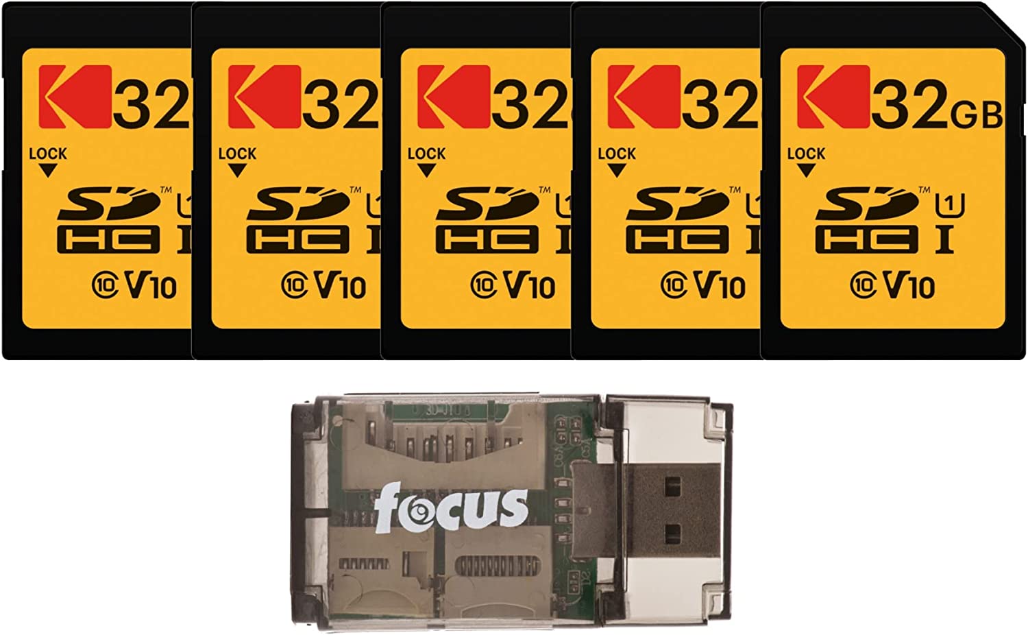 Kodak 32GB Class 10 UHS-IU1 SDHC 메모리 카드(5팩), 일체형 USB 카드 리더 번들(6개 품목)