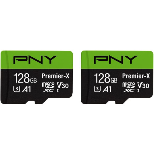 PNY 128GB Premier-X Class 10 U3 V30 마이크로SDXC 플래시 메모리 카드 2팩 - 100MB/s, Class 10, U3, V30, A1, 4K UHD, 풀HD, UHS-I, 마이크로SD