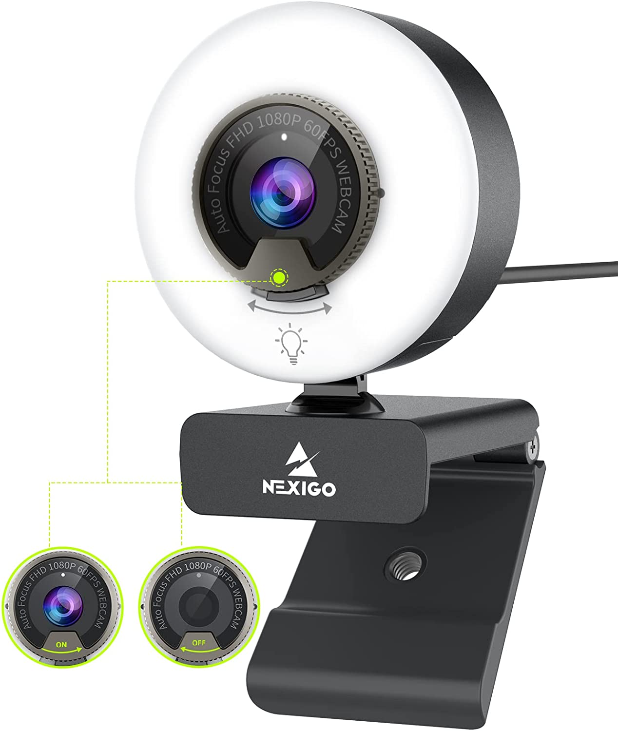 NexiGo N960E 1080P 60FPS Webcam Light 소프트웨어 포함 Fast AutoFocus 내장 개인 정보 보호 커버 USB 웹카메라 듀얼 스테레오 마이크 줌 미팅 스카이프 팀 트위치