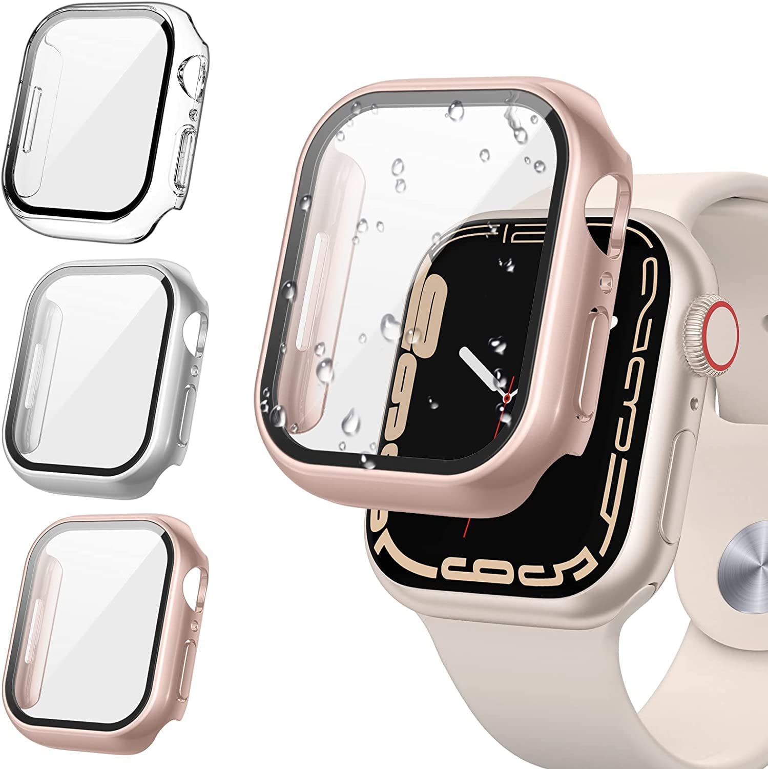 [3Pack] Tensa for Apple Watch 스크린 프로텍터 케이스 시리즈 8741mm, 아이워치 프로텍션 페이스 커버, 강화유리 필름 하드 PC 범퍼, 여성용 초박형 가드 (41mm, 클리어/실버/로즈골드)