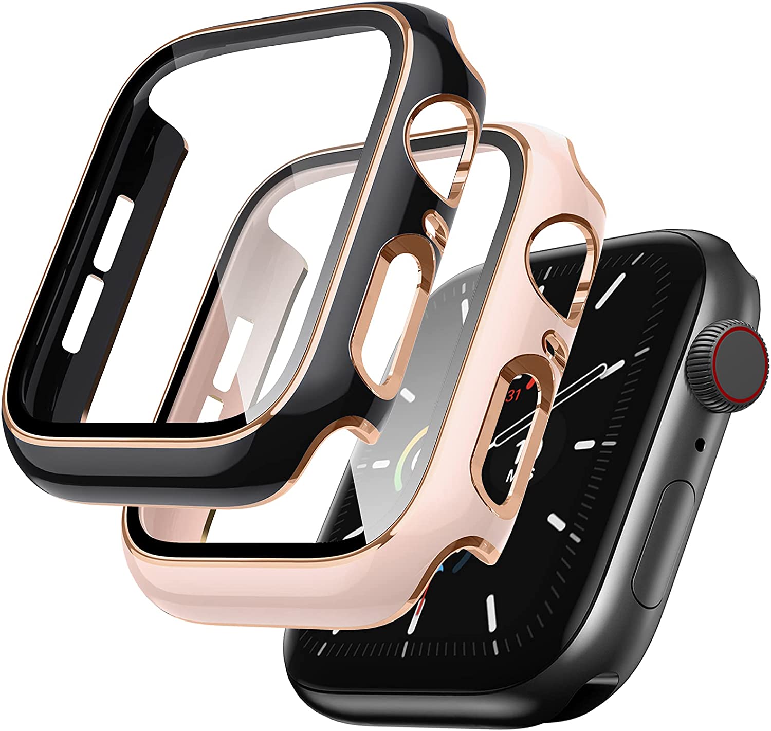 러버그 2팩 케이스 애플 워치 40mm SE/시리즈 6/5/4 강화유리 스크린 프로텍터 내장 초박형 범퍼 풀커버 iWatch 보호 커버 여성용 핑크/블랙