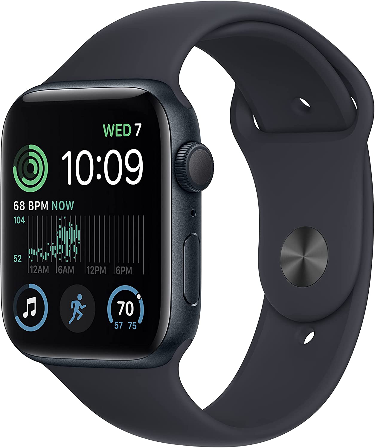 Apple Watch SE 2세대 GPS 44mm 미드나잇 알루미늄 케이스 스포츠 밴드 포함 스마트 워치 - M/L. 피트니스 슬립 트래커 충돌 감지 심박수 모니터 망막 디스플레이 내수성