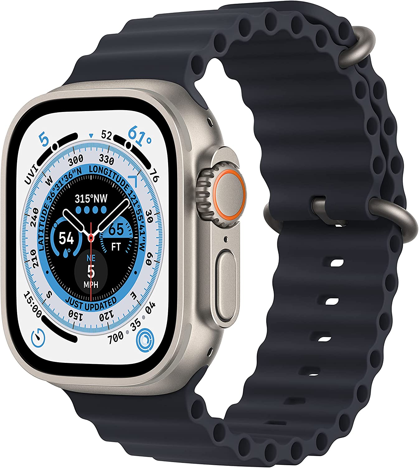 Apple Watch Ultra GPS + Cellular 49mm 스마트 워치 러그드 티타늄 케이스 미드나잇 오션 밴드 포함. 피트니스 트래커 정밀 동작 버튼 배터리 수명 연장 더 밝은 망막 디스플레이