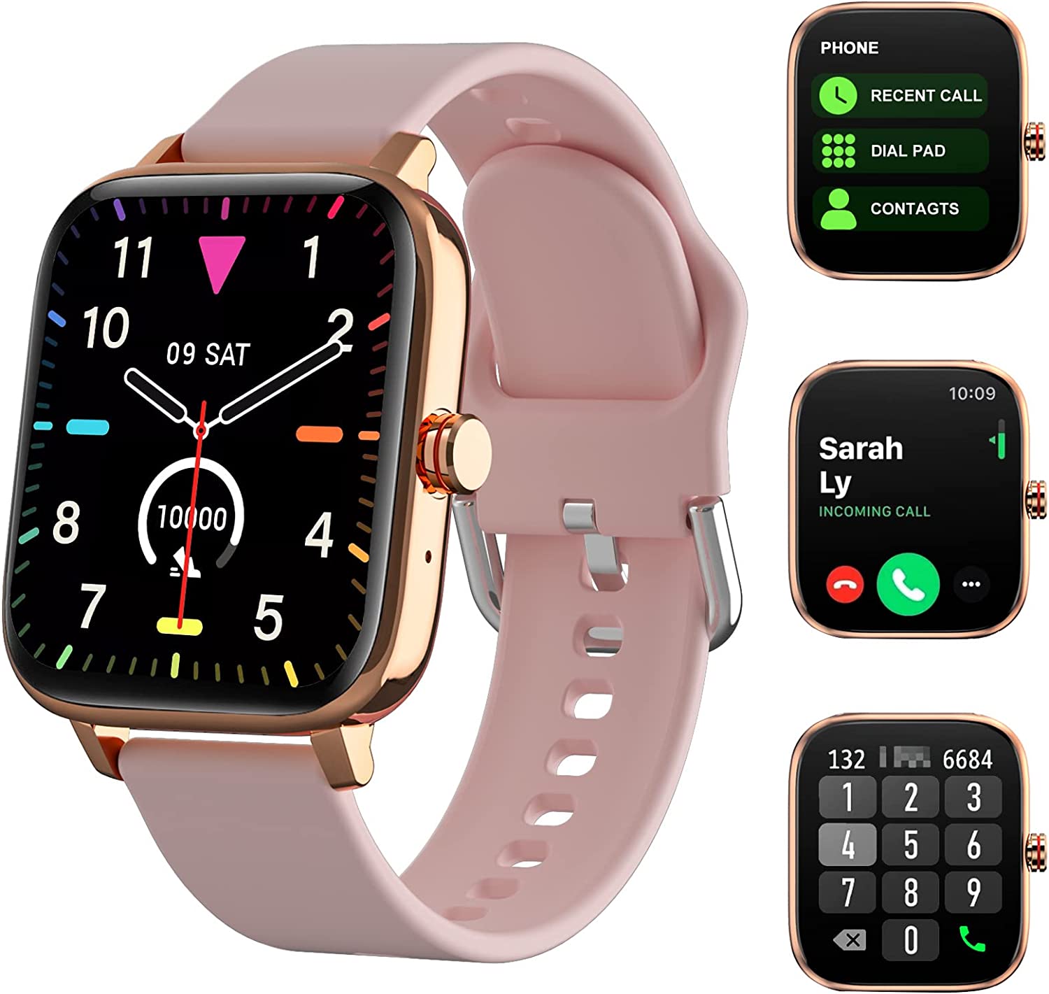 남성 여성을 위한 TOZDTO 스마트워치 선물 안드로이드 iOS폰용 문자와 통화 기능이 있는 1.7인치 풀 터치 스크린 스포츠 모드가 GPS 피트니스 트래커 시계 만보계 거리 칼로리 핑크