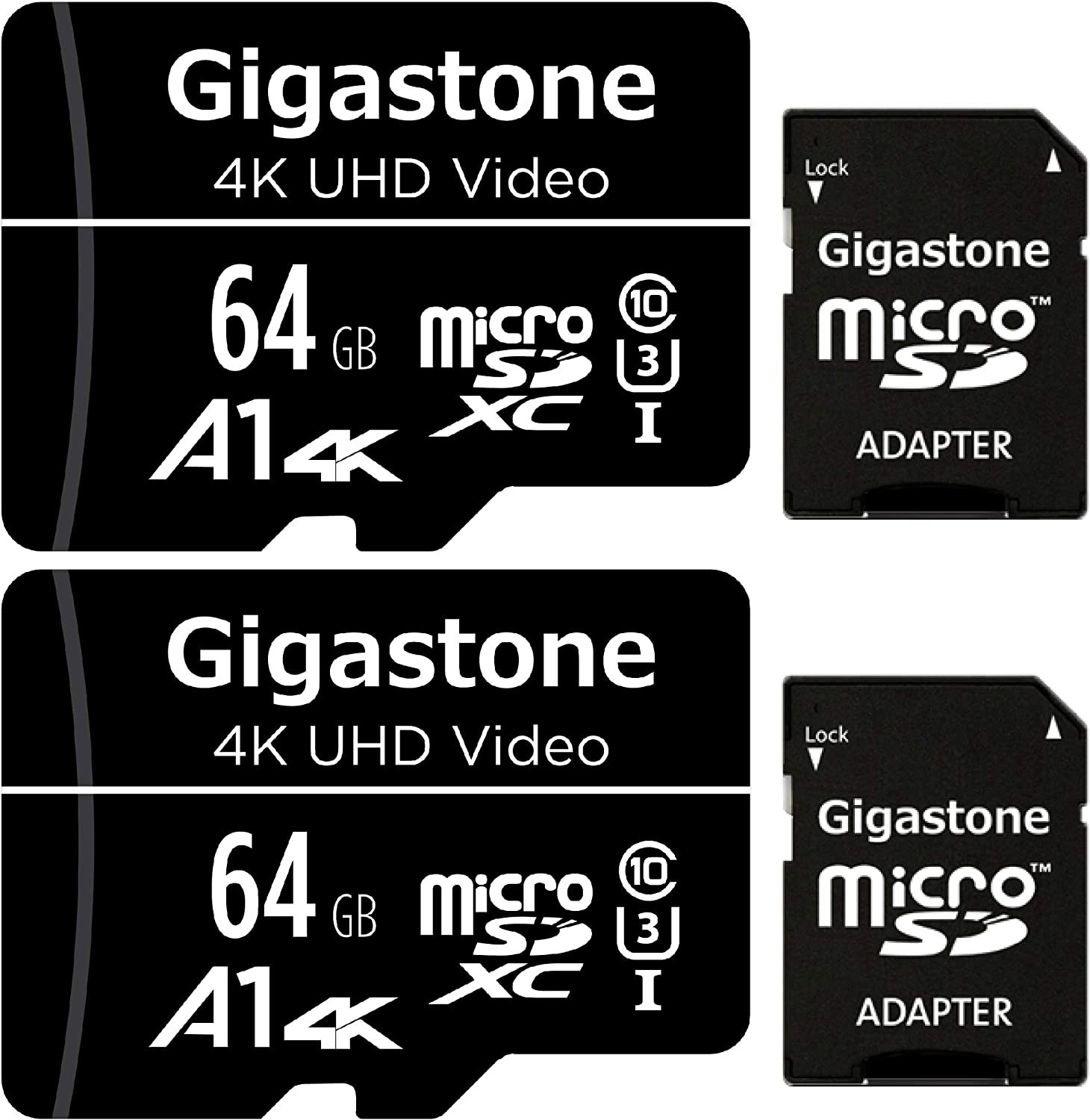 기가스톤 64GB 2팩 마이크로 SD 카드, 4K UHD 비디오, 보안 감시 카메라 액션 카메라 드론 전문가, 90MB/s 마이크로 SDXC UHS-IU3 클래스 10