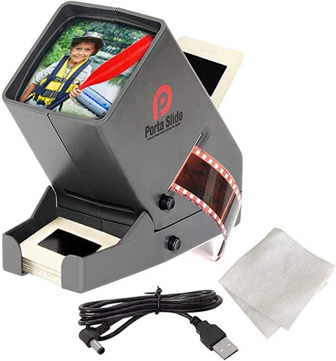 Porta Slide PS-3 슬라이드 뷰어 2x2인치 슬라이드 35mm 필름 스트립 & 네거티브 LED 뷰라이트 4인치 스크린 3배 확대 클리닝 크로스 포함 USB 전원 케이블 부속