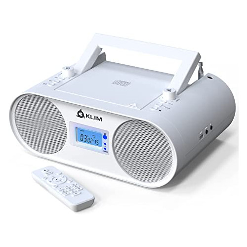 클림 붐박스 B4 CD 플레이어 휴대용 오디오 시스템 - 새로운 2023년 - AM/FM 라디오와 CD 플레이어 MP3 블루투스 AUX USB - 유무선 모드 충전식 배터리 - 리모컨 자동 절전 디지털 EQ 화이트