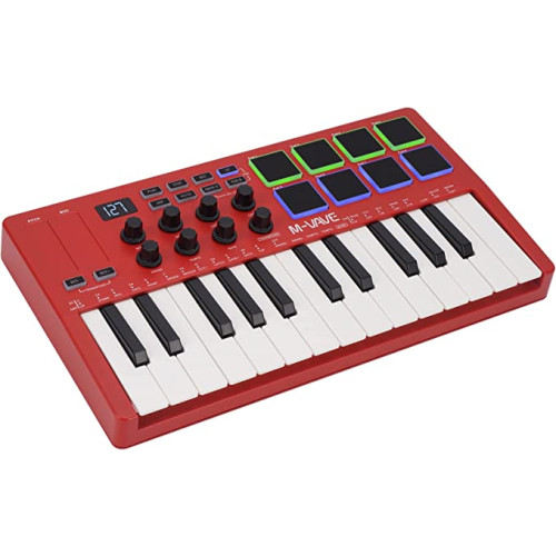 8개의 백라이트 드럼 패드가 있는 M-WAVE 25 키 USB MIDI 키보드 컨트롤러 블루투스 세미 웨이트 프로페셔널 동적 키베드 8 노브 및 음악 제작 소프트웨어 포함 빨간색