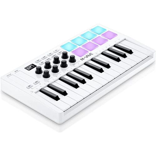 8개의 백라이트 드럼 패드가 있는 M-WAVE 25 키 USB MIDI 키보드 컨트롤러, 블루투스 세미 웨이트 프로페셔널 동적 키베드 8 노브 및 음악 제작, 소프트웨어 포함(흰색)
