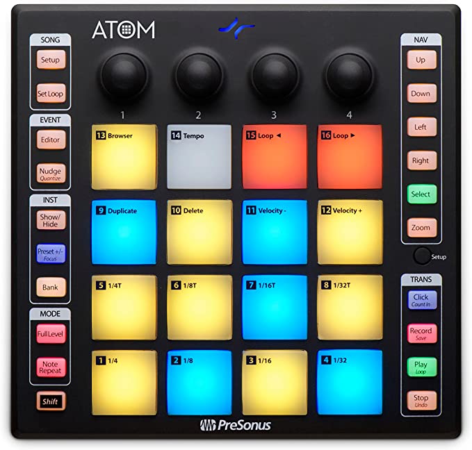 스튜디오 원 아티스트와 에이블턴 라이브 라이트 레코딩 소프트웨어가 포함된 PreSonus ATOM 생산 및 성능 미디 패드 컨트롤러