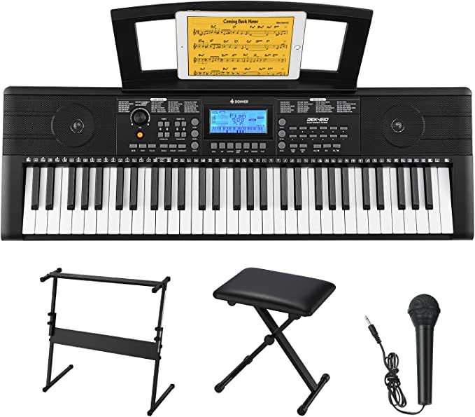 도너 키보드 피아노 초급/전문가용 61 키 스탠드가 있는 전기 걸상 마이크 및 앱 MP3/USB MIDI/마이크/페달 삽입 지원