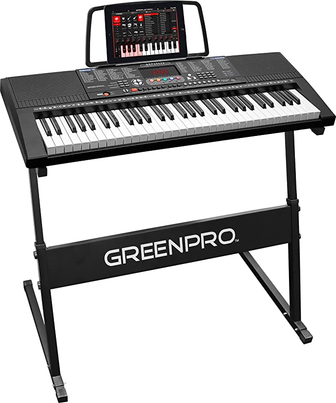 GreenPro 61 키 휴대용 전자 피아노 키보드 조절 가능한 스탠드 및 음악 노트 홀더가 있는 LED 디스플레이 3가지 티칭 모드 어린이 성인용 악기 스타터 세트