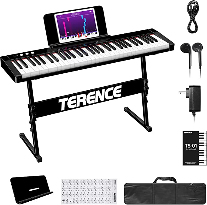 61개의 준중형 키와 1800mAh 배터리가 장착된 테렌스 키보드 피아노는 MIDI USB 인터페이스와 블루투스 시트 뮤직 스탠드 스티커 가방 오디오 케이블 이어폰을 지원