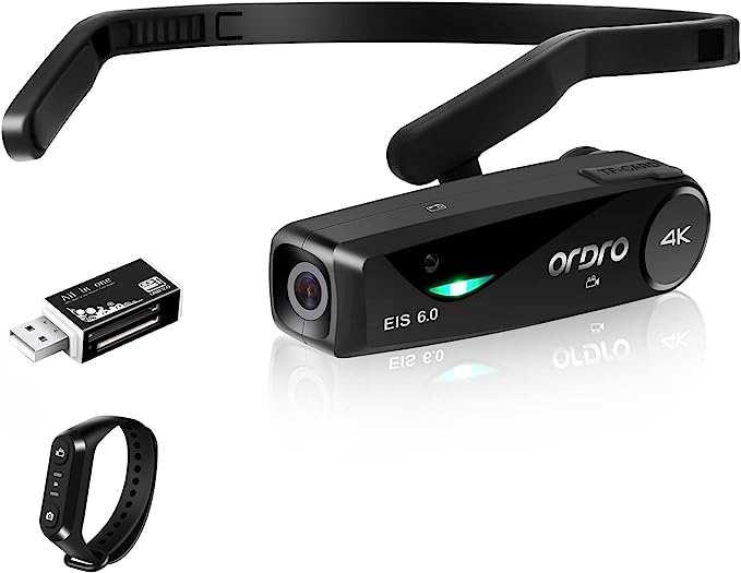 ORDRO EP6 Plus 헤드 마운트 카메라 4K 비디오 캠코더, 웨어러블 UHD 1080P 60FPS WiFi APP 제어 기능이 있는 핸즈프리 Vlog 카메라, EIS 6.0 안티쉐이크, 스마트 리모컨