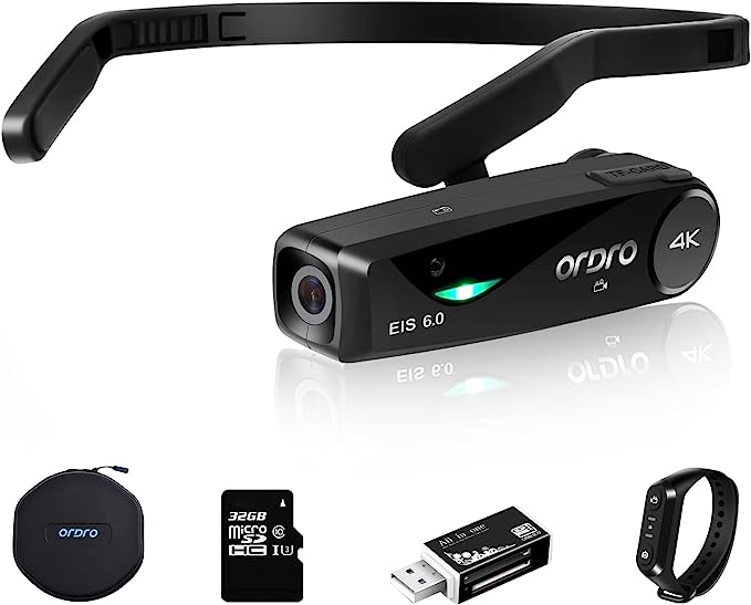 ORDRO EP6 Plus 4K 비디오 캠코더 웨어러블 브이로그 카메라, 카메라 UHD 1080P 60FPS 핸즈프리 헤드 마운트 EIS 6.0 안티 쉐이크, 32G 마이크로 SD 카드, 스마트 리모컨, 휴대용 케이스