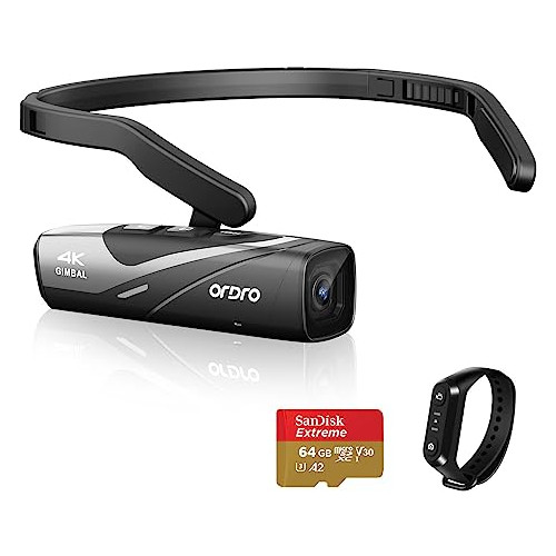 ORDRO EP8 4K 비디오 카메라 핸즈프리 웨어러블 브이로그 60FPS UHD 헤드 마운트 2.0 짐벌 스태빌라이저, 급속 충전기, 리모컨, 64G 마이크로 SD 카드(검정)