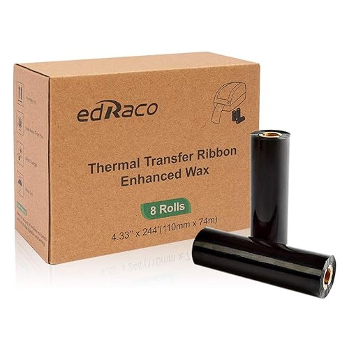 Desktop Thermal Transfer Ribbons -Enhanced Wax 8 Rolls 4.33 x 244 /110mm 74m Zebra Printer
