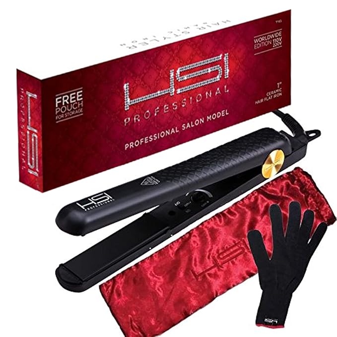 HSI Professional Ceramic Tourmaline Ionic Flat Iron Hair Straightener with Glove, Pouch and Travel Size Argan Oil Leave in Hair Treatment