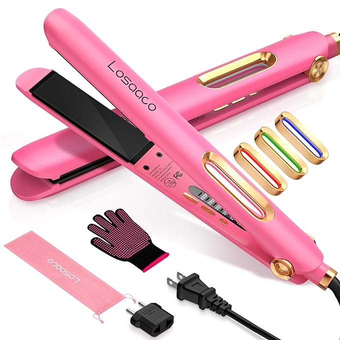 Losaaco Hair Straightener Iron flat Dual Voltage Straightening For International Travel,Negative Ion Portable Ceramic Straightening and Curler for All Hairstyles With European Plug,Heat Resistant Gloves,Traveling Bag
