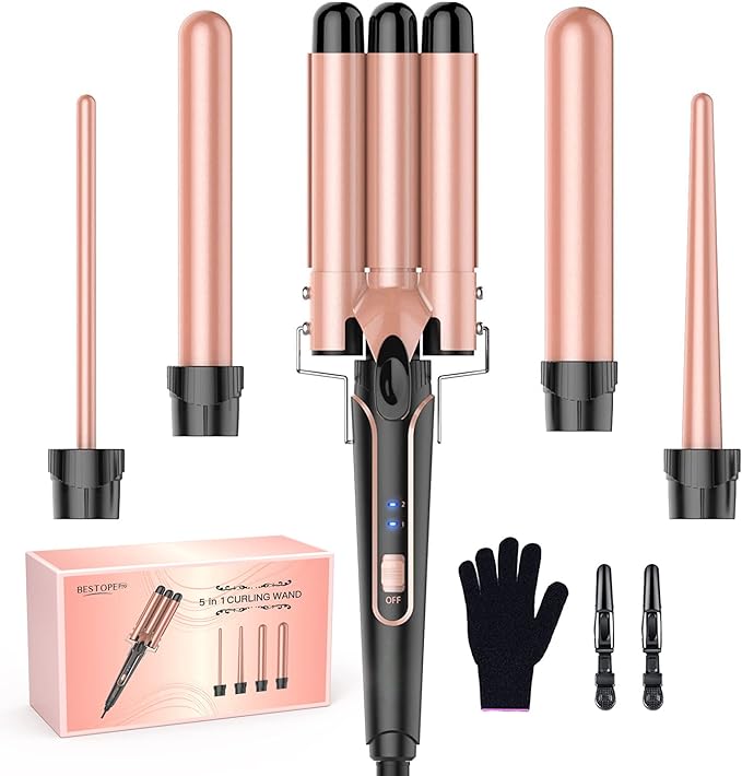 Waver Curling Iron Wand, BESTOPE PRO 5 in 1 Curling Wand Set with 3 Barrel Hair Crimper for Women, Fast Heating Hair Wand Curler in All Hair Type