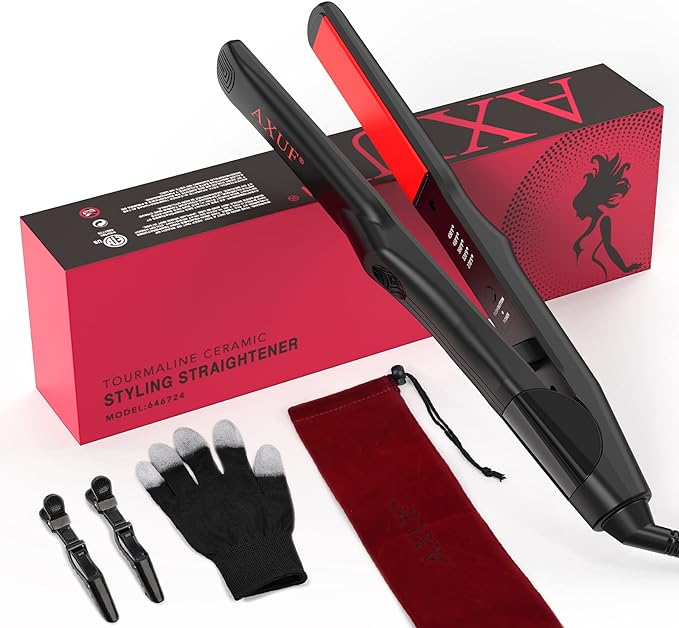 AXUF Professional Hair Straightener,Flat Iron for Hair with 5s Fast Heating & 5 Temp Setting ,Hair Straightener and Curler 2 in 1 for All Hairstyles, 1-inch Dual Voltage,Gifts for Women, Black/Red