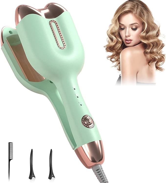 Curling Iron Hair Crimper, 32mm (1.25'') Ceramic Tourmaline 2 Barrels Hair Curling Wand with Three Temperature Control, Hair Waving Styling Tools Green
